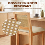 2er-Set Barhocker, Barstühle mit Rückenlehne in Rattan-Optik, gepolsterte Sitzfläche aus Chenille, 66 cm Sitzhöhe, Creme