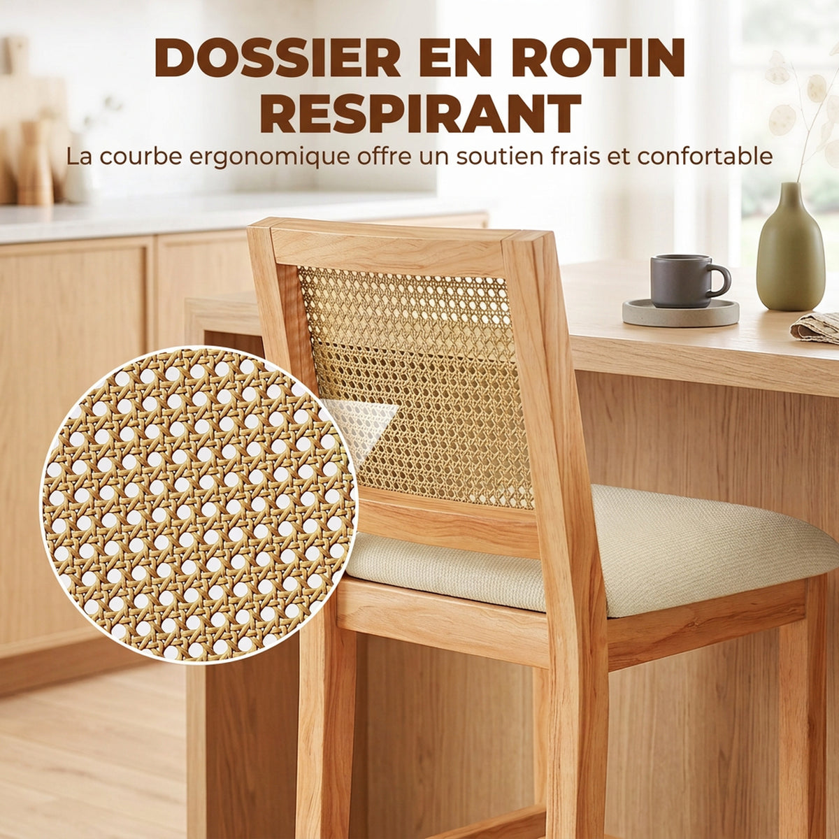 2er-Set Barhocker, Barstühle mit Rückenlehne in Rattan-Optik, gepolsterte Sitzfläche aus Chenille, 66 cm Sitzhöhe, Creme