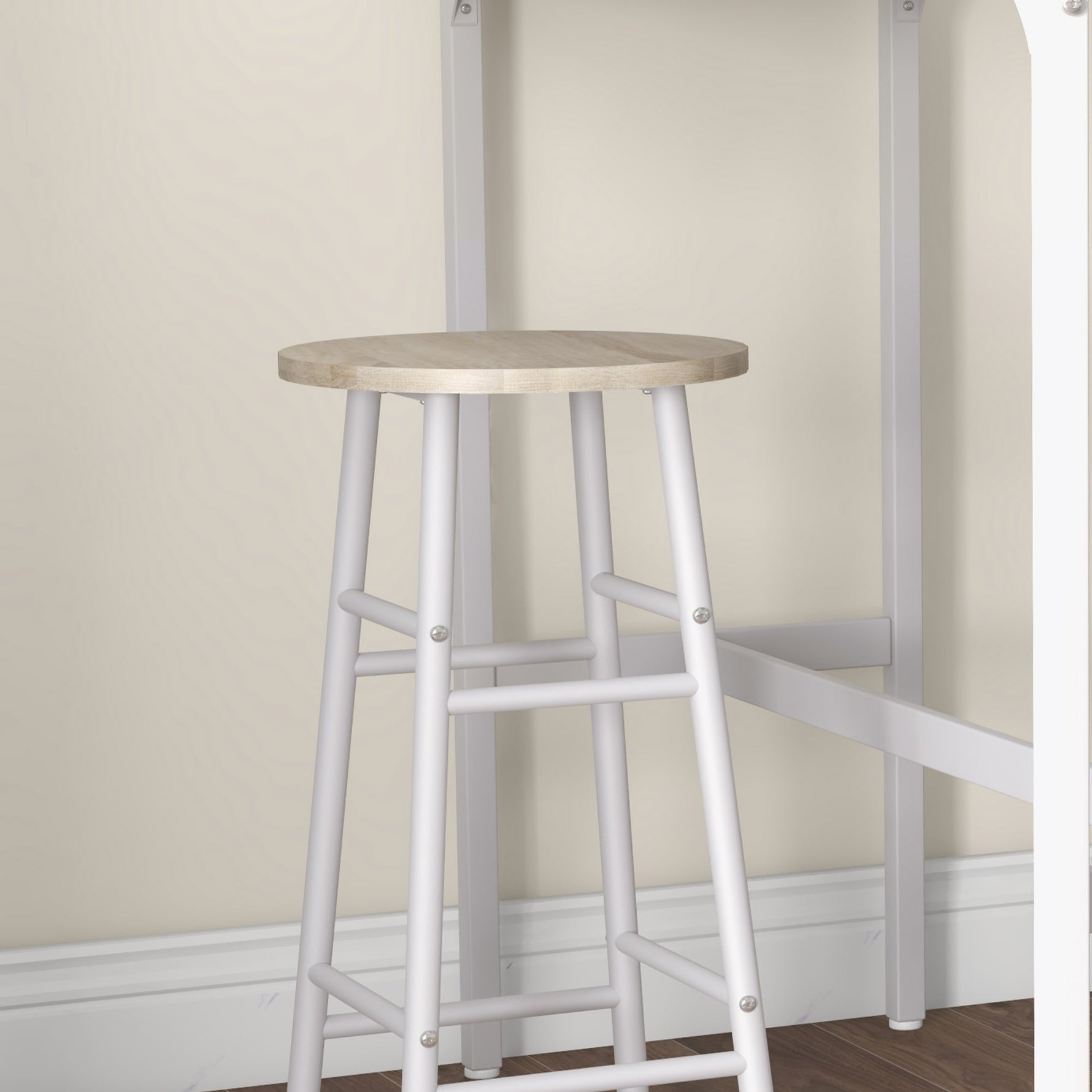 Ensemble table haute de bar + 2 tabourets structure en acier plateau aspect bois naturel 2 personnes blanc