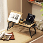 Table de lit pliable et réglable, plateau de lit pour ordinateur portable en bambou - plateau inclinable, tiroir, chêne