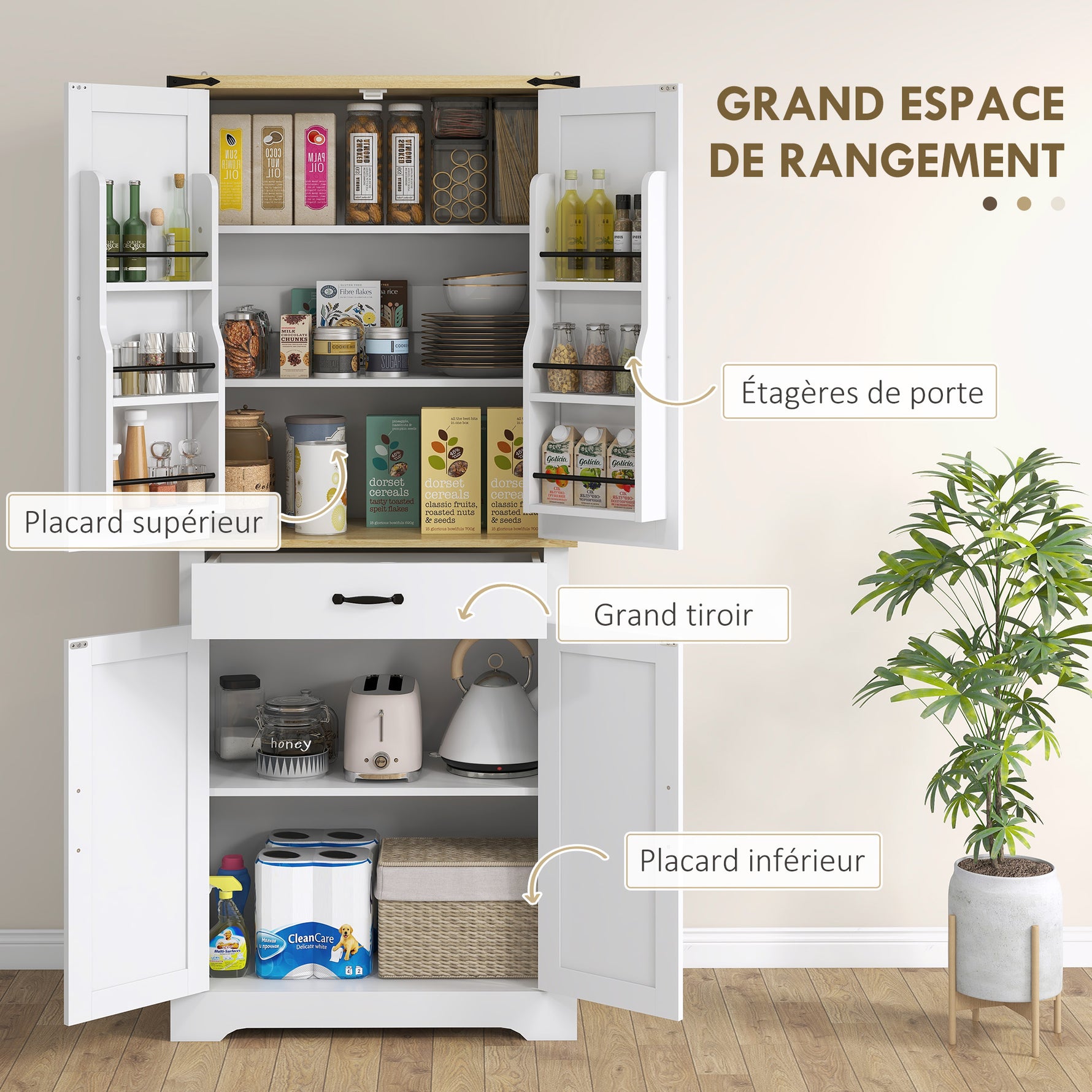 Armoire de cuisine buffet cuisine, 4 portes, 6 étagères à porte,1 tiroir et étagères réglables 76,5 x 40 x 181 cm blanc