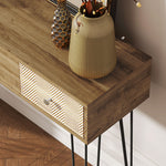 Table console avec 3 tiroirs, table d'entrée étroite avec pieds en épingle à cheveux en acier, 90 x 30 x 75 cm, marron