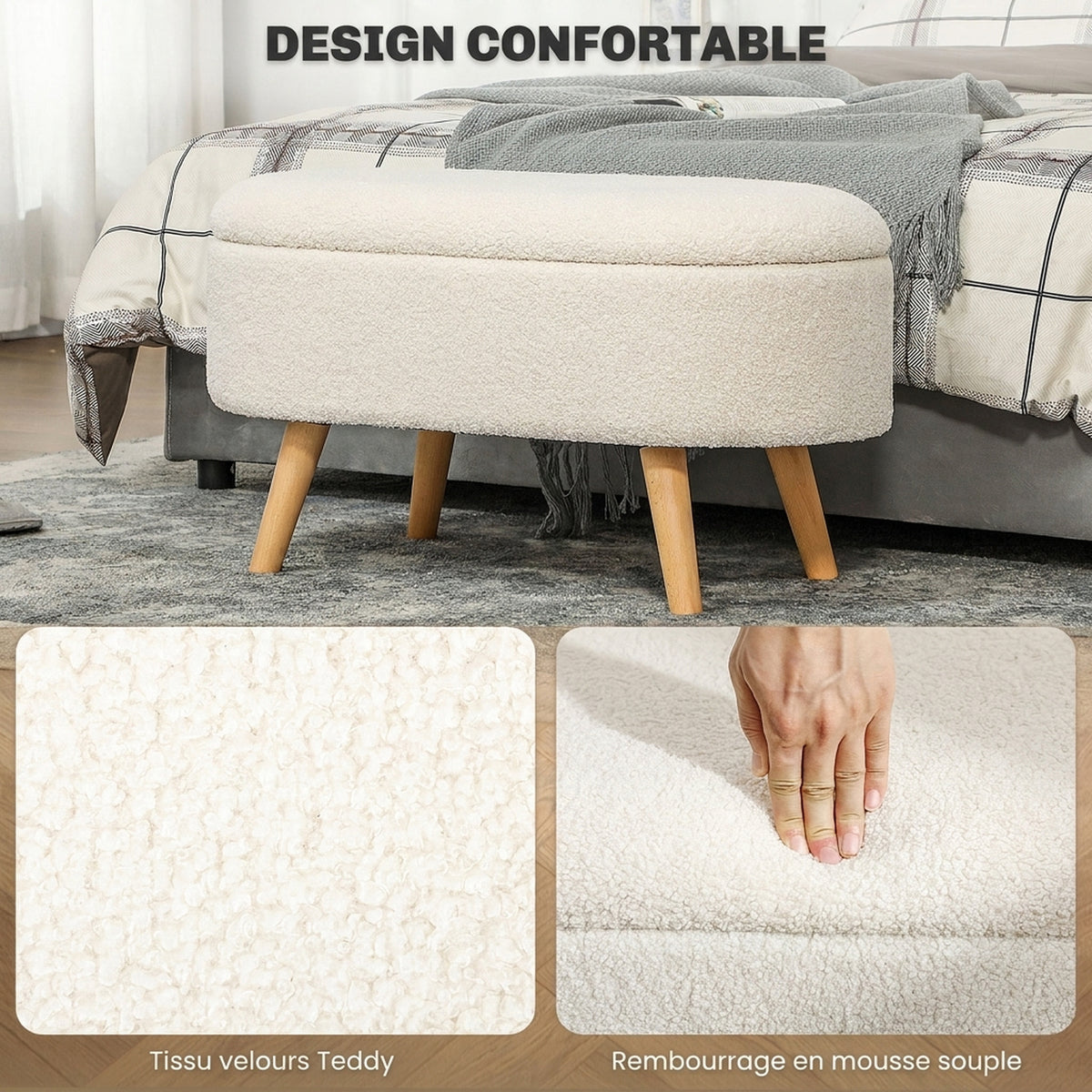 Banc de Rangement, Bout de Lit Rembourré en Peluche Teddy avec Couvercle et Pieds en Bois, 82 x 41 x 45 cm, Blanc