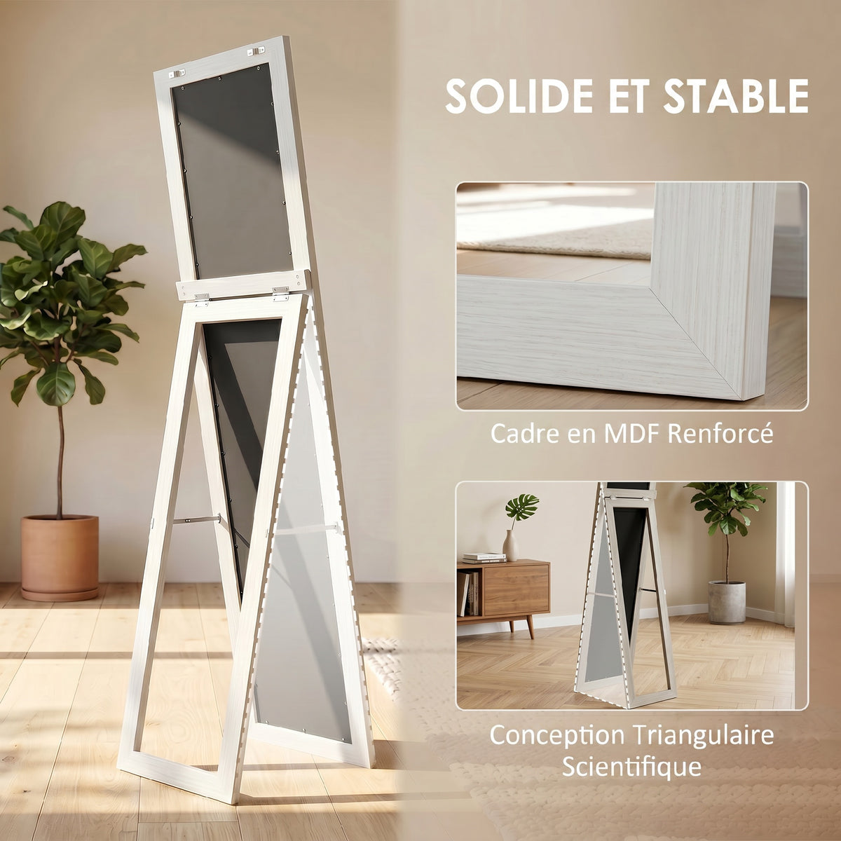 Miroir sur pied mural ou à poser rectangulaire avec cadre en bois pour salon chambre à coucher 37 x 155 cm blanc