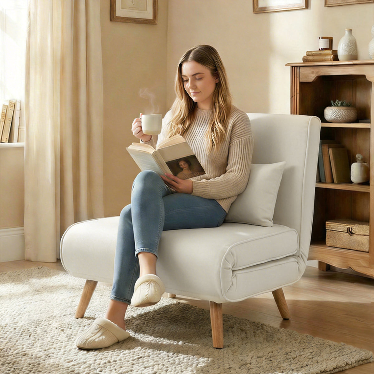 3-in-1 slaapfauteuil, eenpersoons slaapstoel, 5-standen rugleuning, van stof met kussen, crème