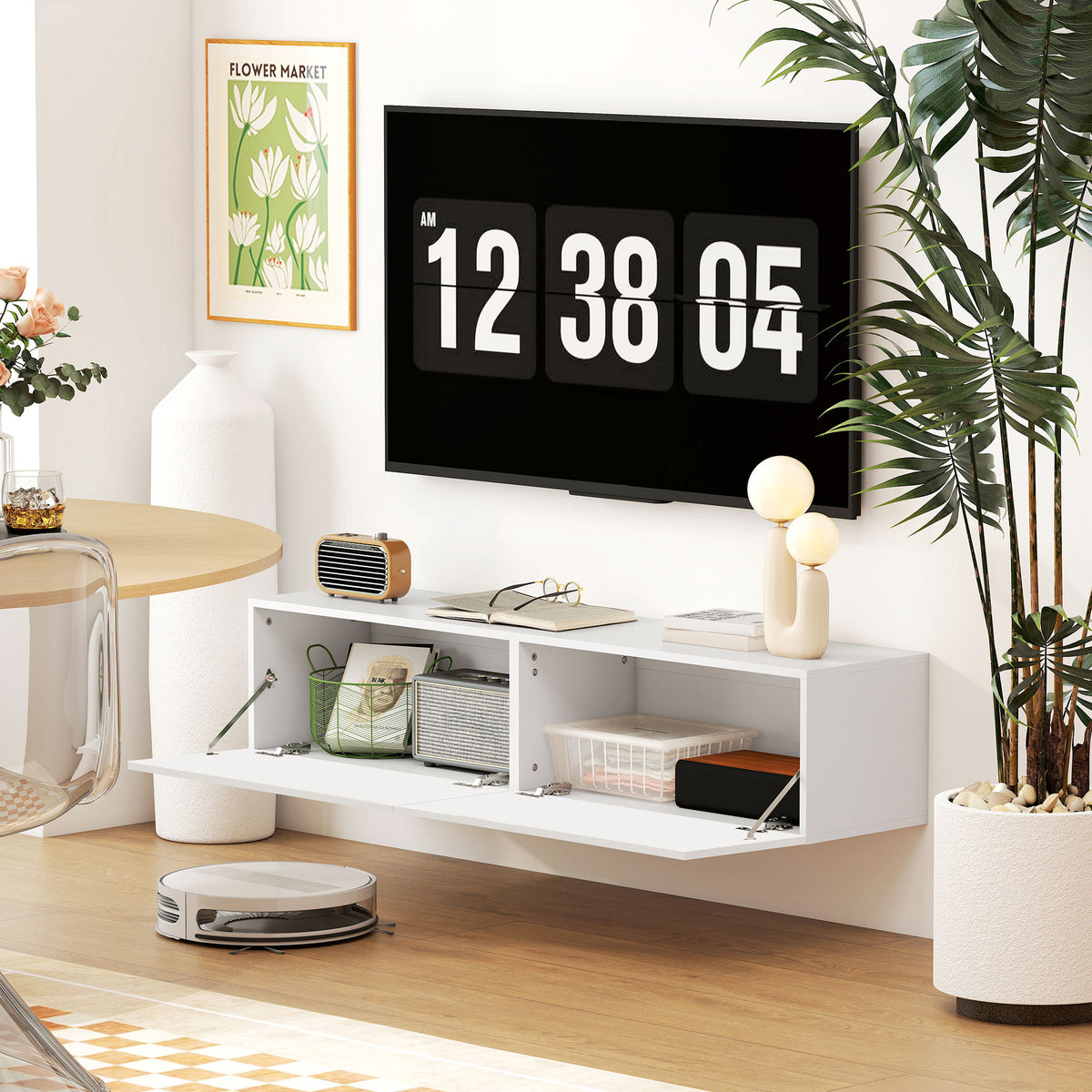 Meuble TV suspendu pour téléviseur jusqu'à 45 55 65 pouces avec 2 placards à portes, 140 x 33 x 29,8 cm, blanc