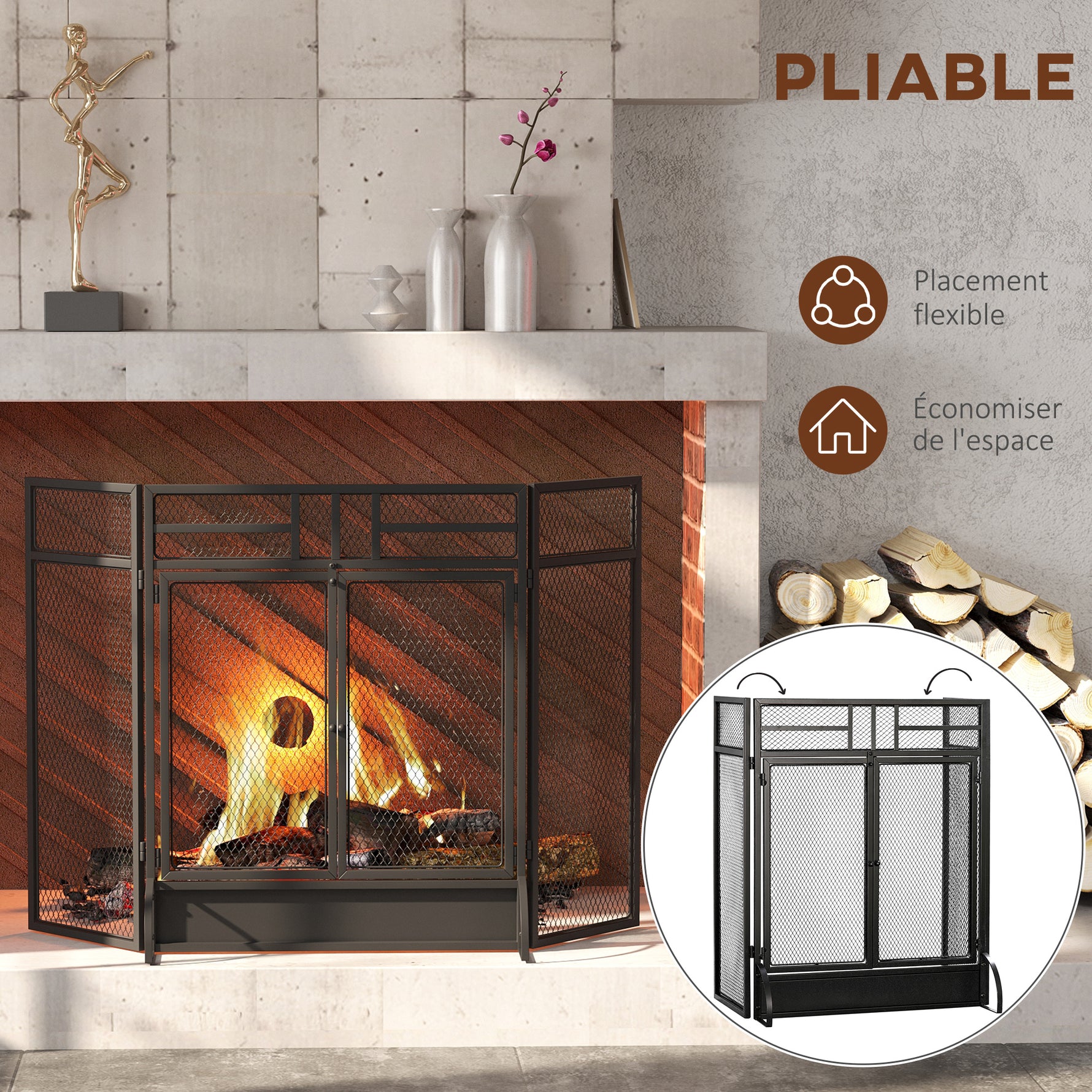 Pare-étincelles grille de protection pour cheminée pare-feu barrière de sécurité 3 volets pliables et porte 120 x 79 cm