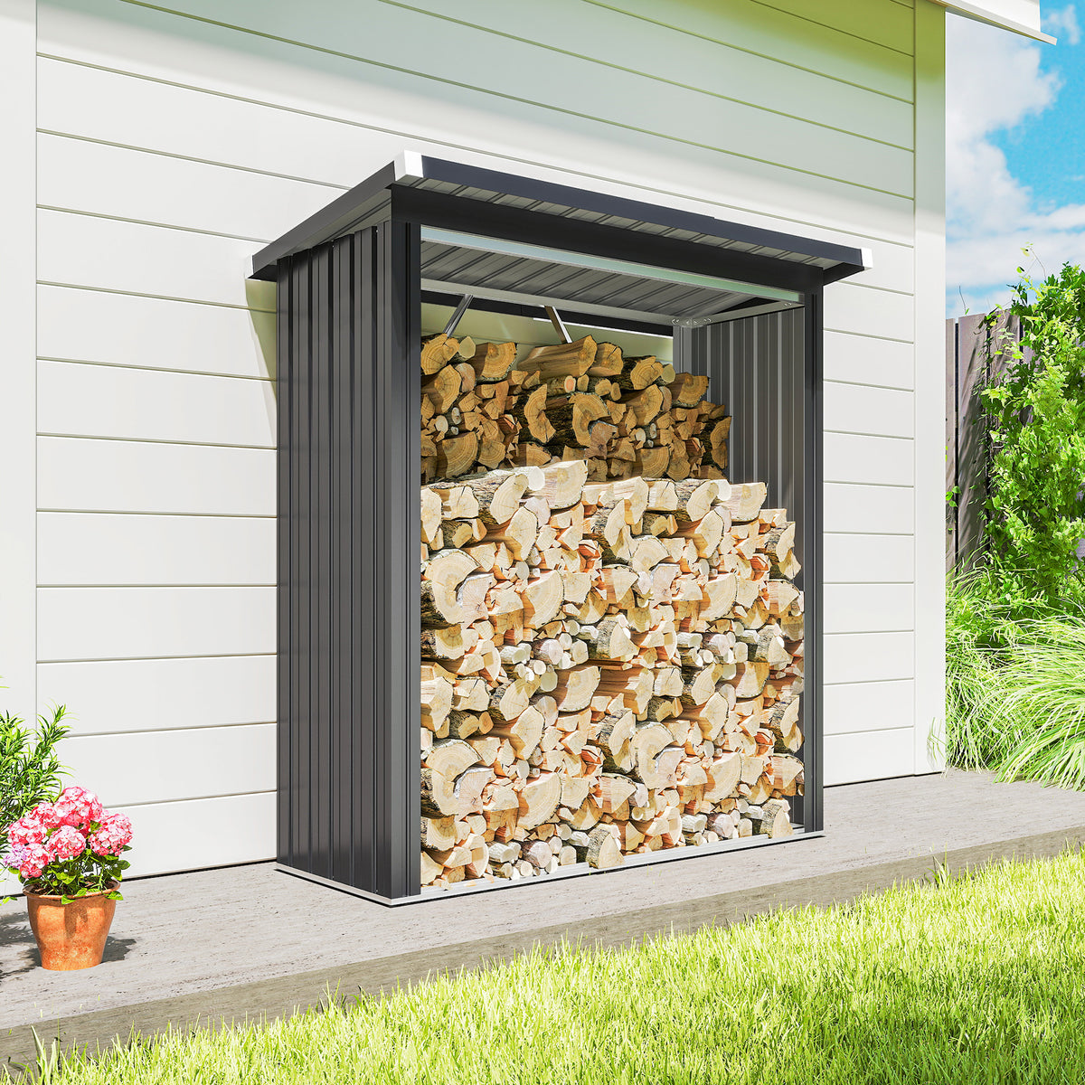 Abri-bûches couvert support pour bois de chauffage plancher surélevé toit incliné, acier galvanisé 150x66,5x150cm gris