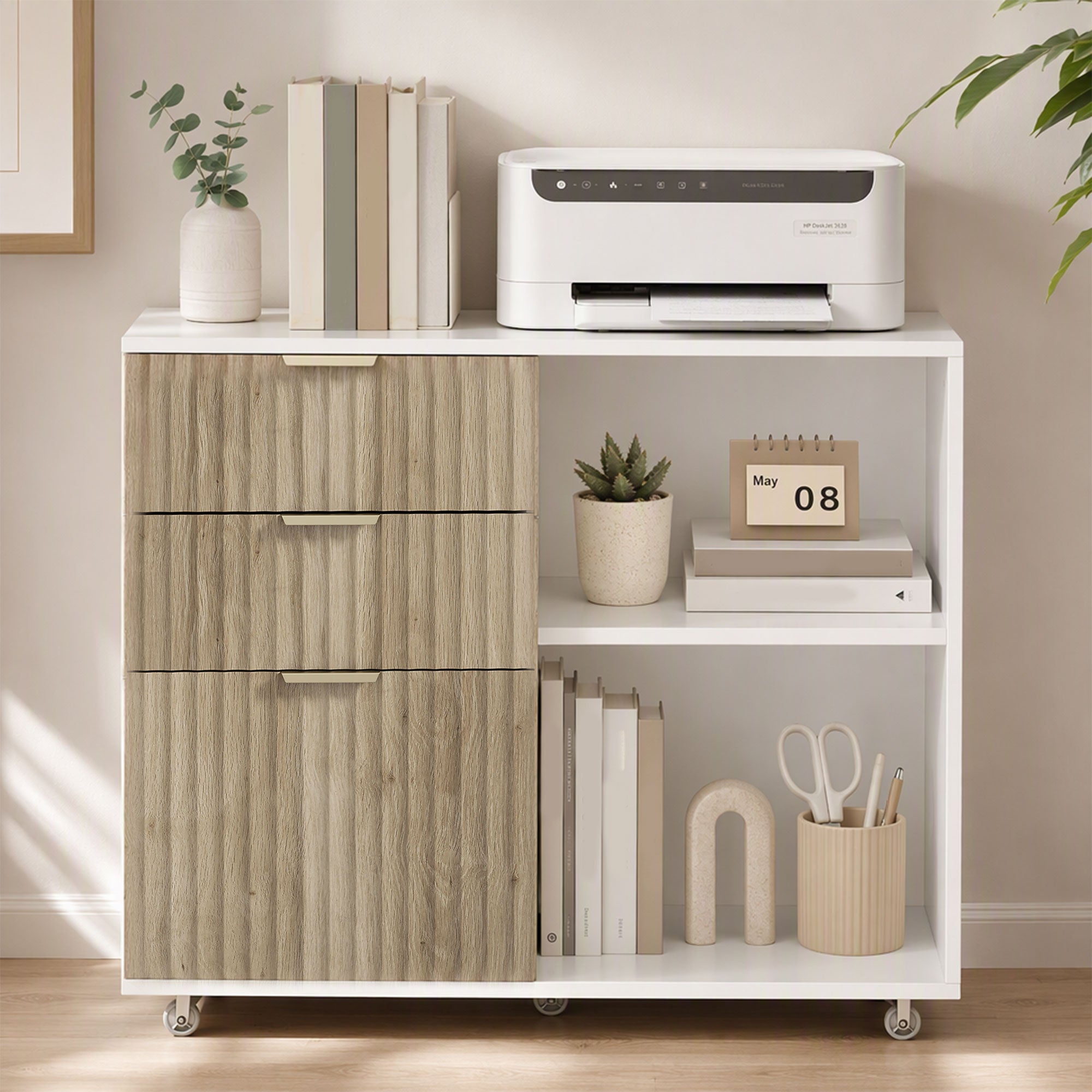 Supporto per stampante con ruote, 3 cassetti, 2 ripiani a giorno, design ondulato, 80x40x68 cm, bianco rovere