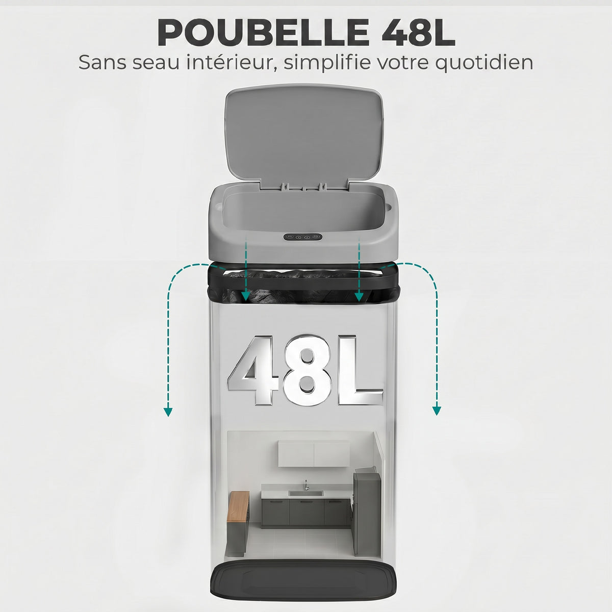 Poubelle de cuisine automatique 48L en acier inoxydable, couvercle à fermeture en douceur, 33x25x69cm, argent