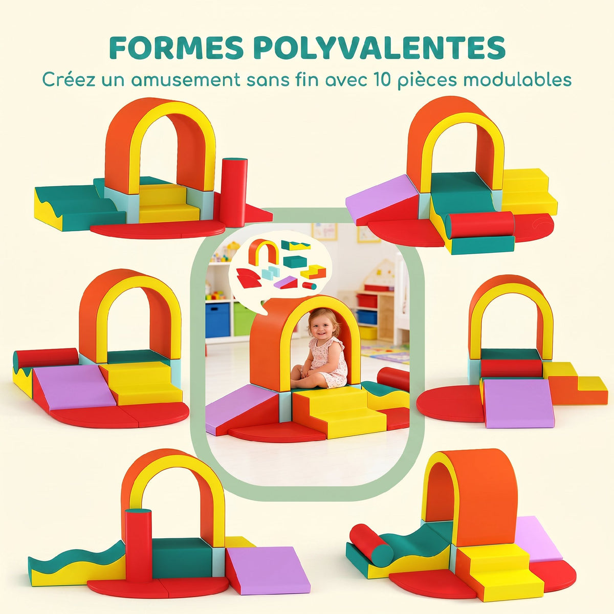 Parcours motricité bébé 10PCS, module motricité bébé en mousse EPE avec housse en revêtement PU, multicolore