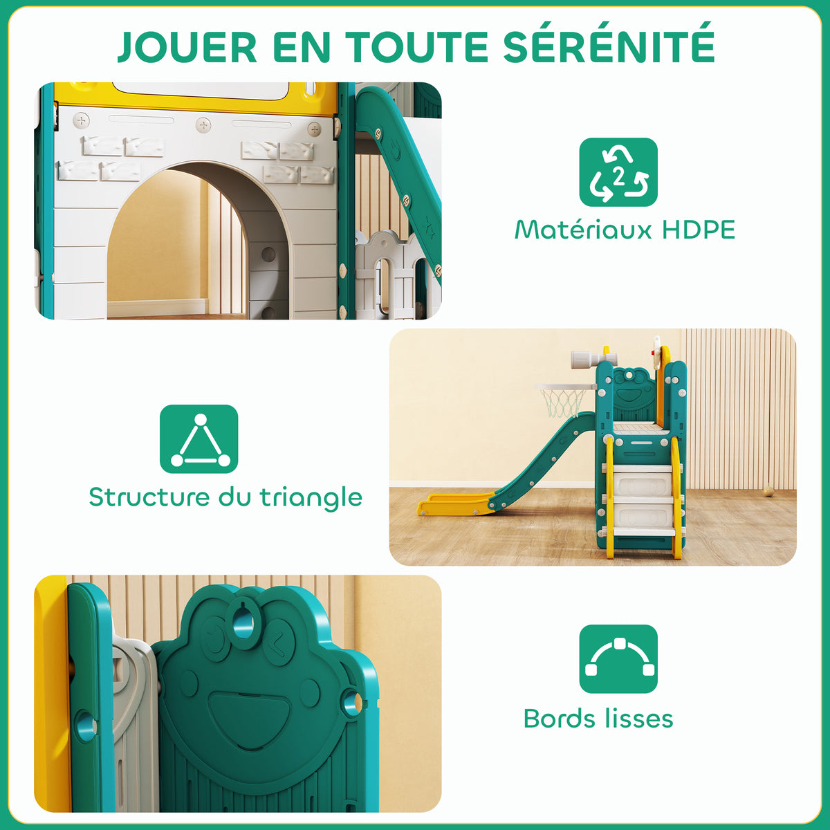 Toboggan pour enfant 7 en 1 avec panier de basket, télescope, rangement, tunnel, escalade, tableau de dessin, jaune