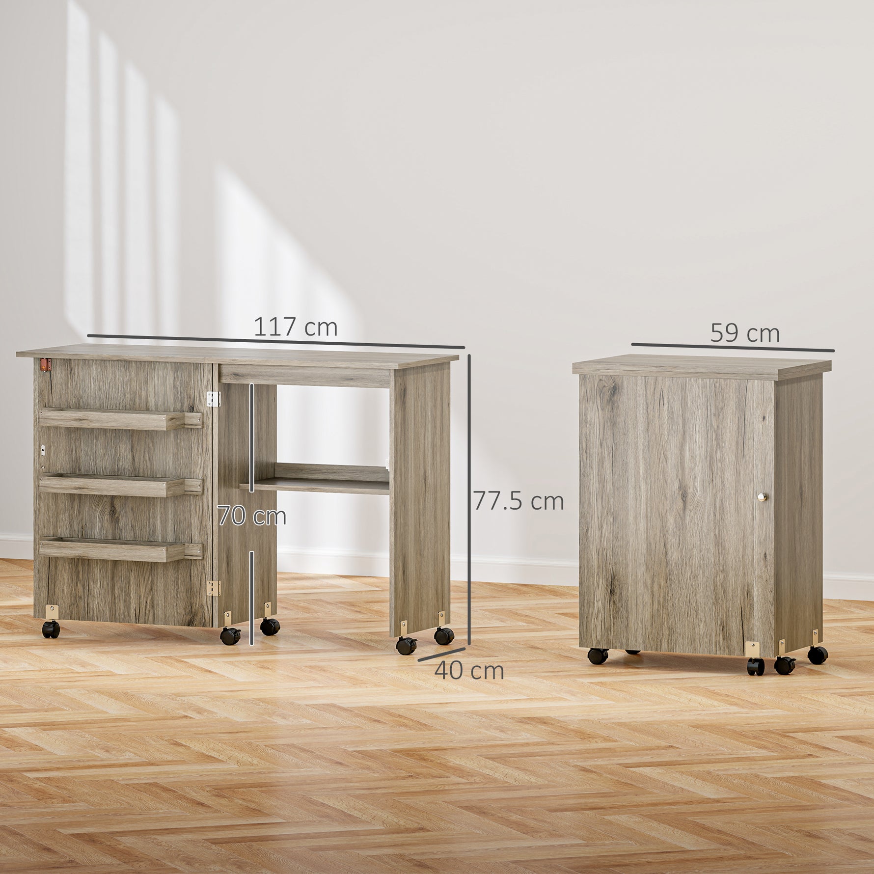 Table de couture pliante meuble couture à abattant avec bacs de rangement, étagère ouverte et roulettes effet bois grisé