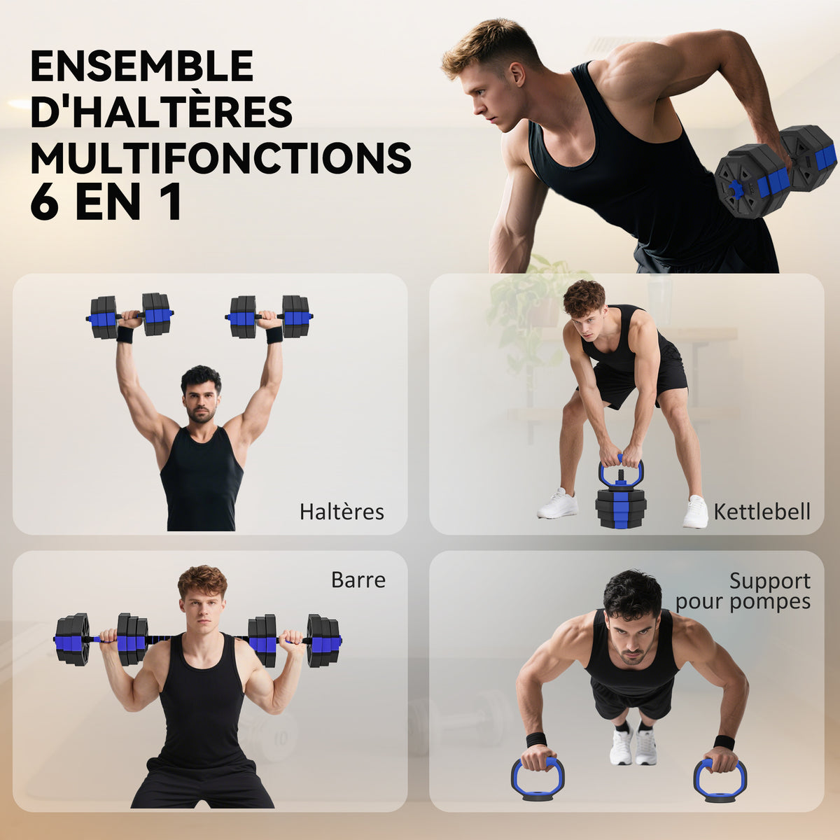 Ensemble d'haltères musculation 6-en-1 haltère réglable 25 kg kettlebell, barre de musculation support pour pompes bleu