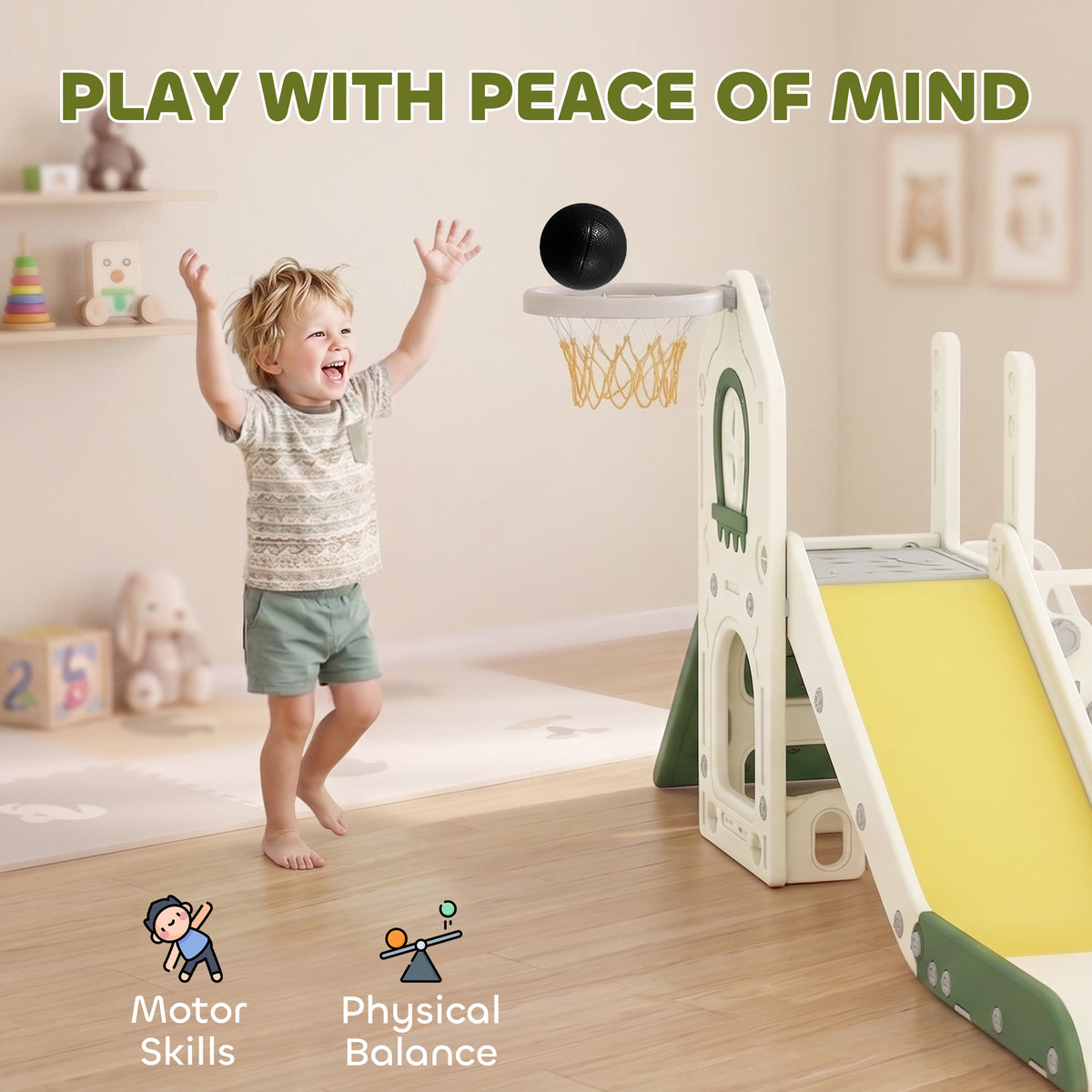 Toboggan pour Enfant Pliable 5-en-1 avec Escalade, Panier de Basket, Espace de Rangement et Ballon, Crème