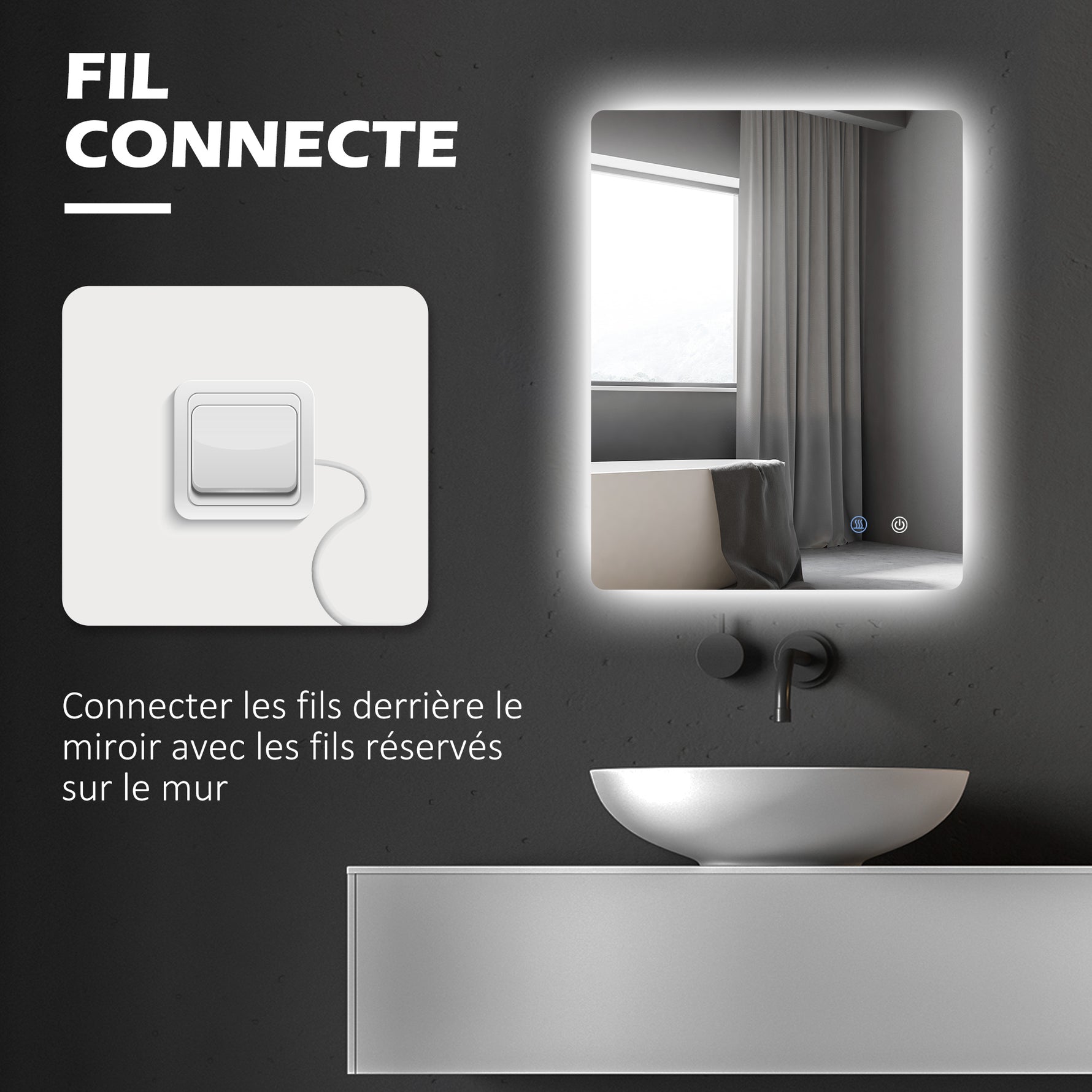 Miroir rectangulaire mural lumineux LED de salle de bain 80 x 60 cm luminosité réglable blanc transparent