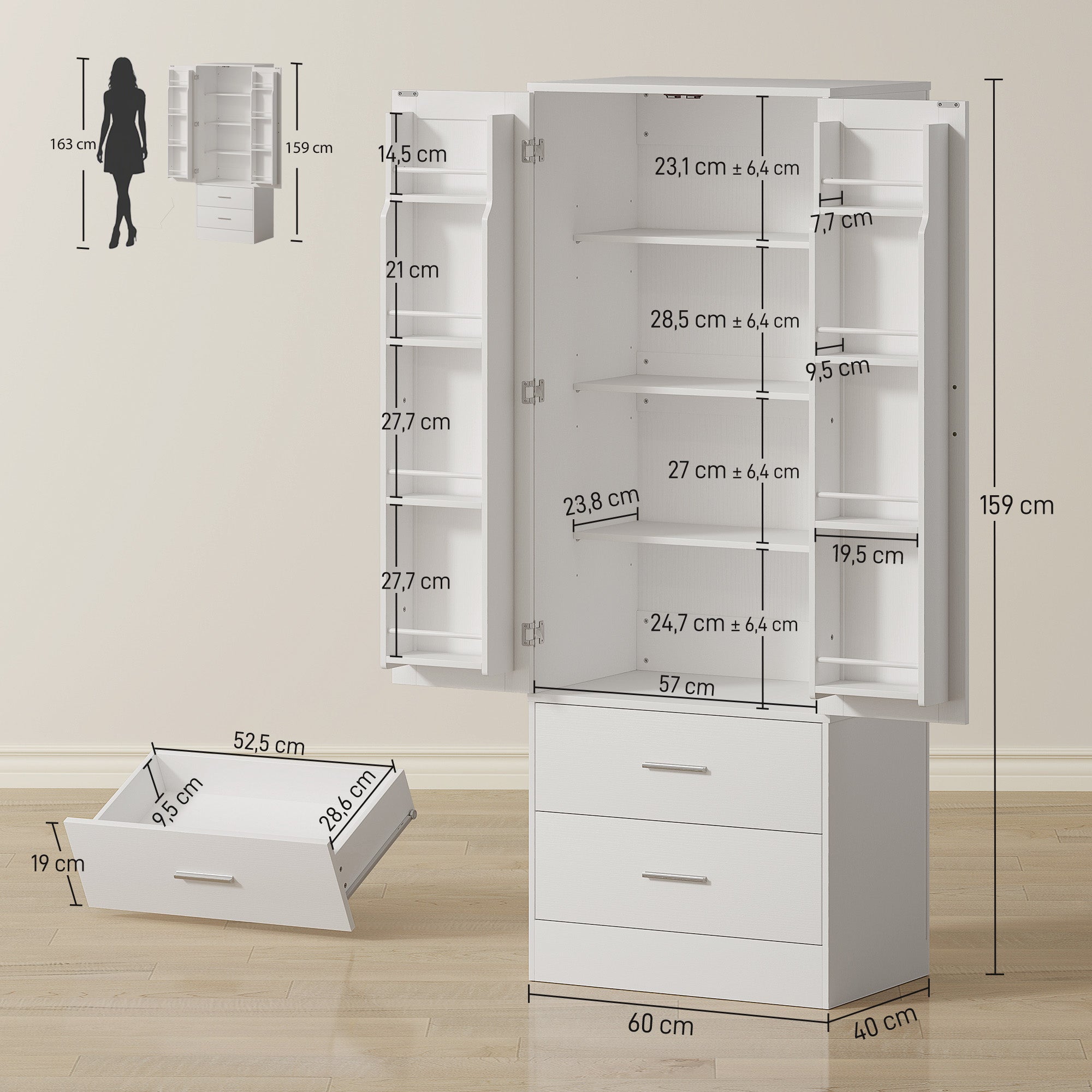 Alacena alta de cocina, armario de cocina, 2 puertas, 8 especieros, 2 cajones, estantes ajustables, 60x40x159cm, blanco
