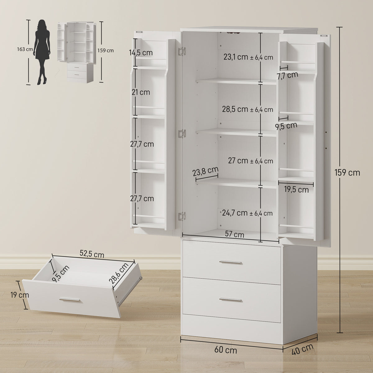 Buffet haut cuisine, armoire de cuisine, 2 portes, 8 porte-épices, 2 tiroirs, étagères réglables, 60x40x159cm, blanc