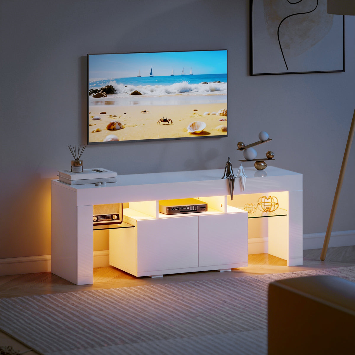 Meuble TV, meuble télé avec éclairage LED RGB, haute brillance, étagères en verre trempé, 120x34x45cm, blanc