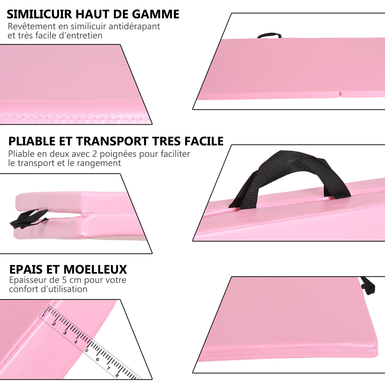 Tapis de gymnastique yoga pilates fitness pliable portable grand confort 180L x 60l x 5H cm revêtement synthétique rose