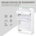 Armoire à Chaussures Meuble rangement Chaussures 2 Portes abattantes 2 Compartiments, tiroir, Plateau en Verre - Bois chêne Blanc