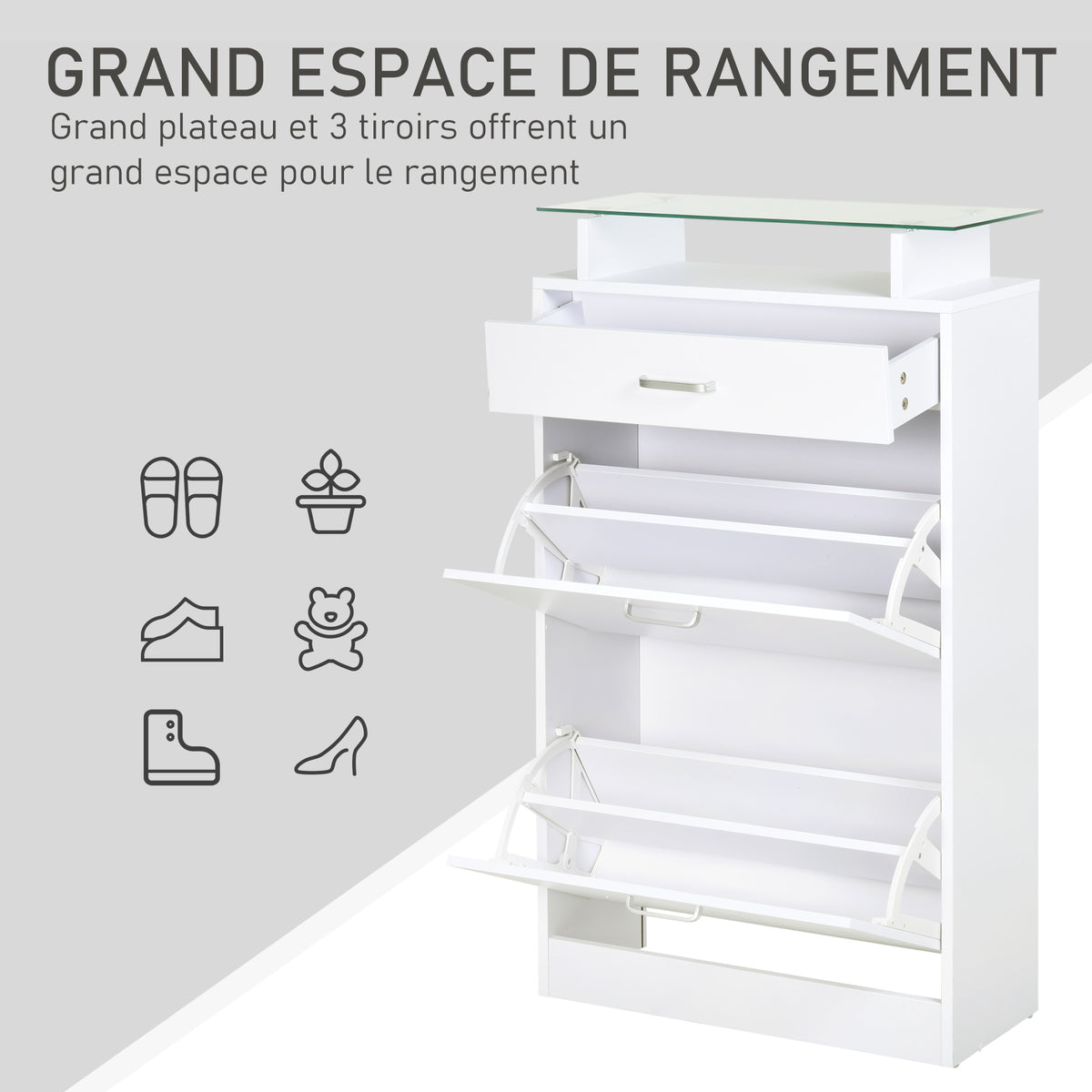 Armoire à Chaussures Meuble rangement Chaussures 2 Portes abattantes 2 Compartiments, tiroir, Plateau en Verre - Bois chêne Blanc