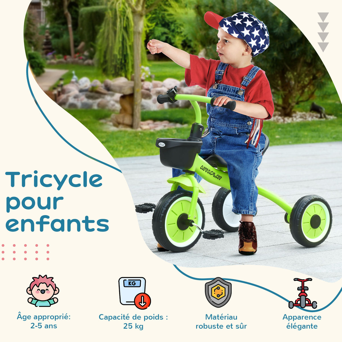 Tricycle enfants avec sonnette et panier selle réglable avec dossier - pour enfant de 2 à 5 ans vert