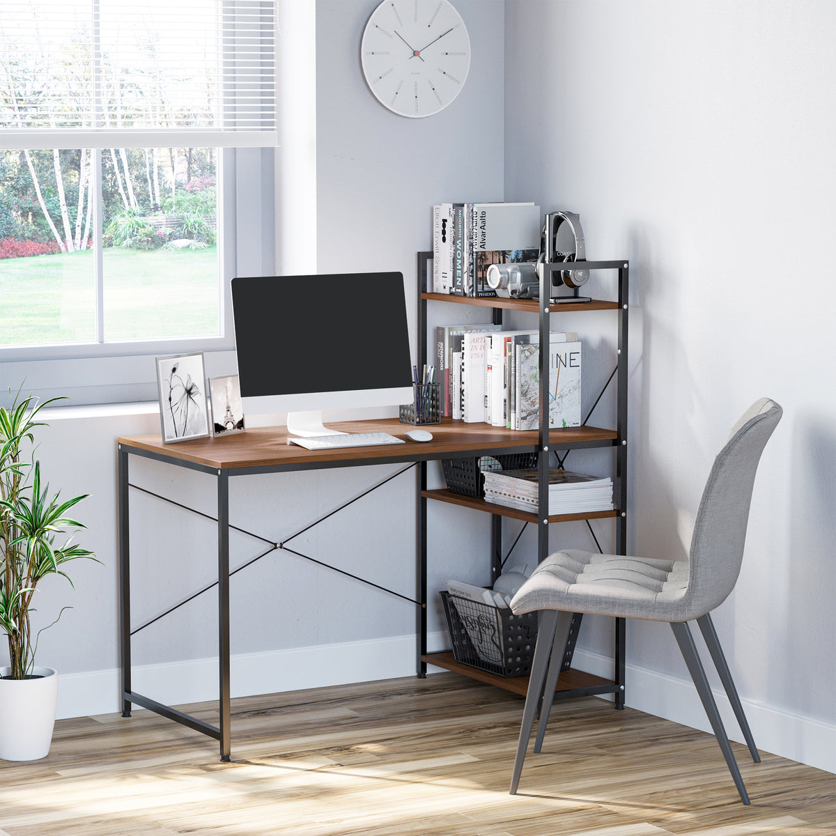 Bureau d'angle avec rangement design Industriel avec bibliothèque 3 étagères panneaux particules aspect noyer
