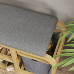 Banc à chaussures avec coussin d'assise, 2 étagères à lattes et panier en tissu coulissant, 70x30x45cm, bois naturel-7