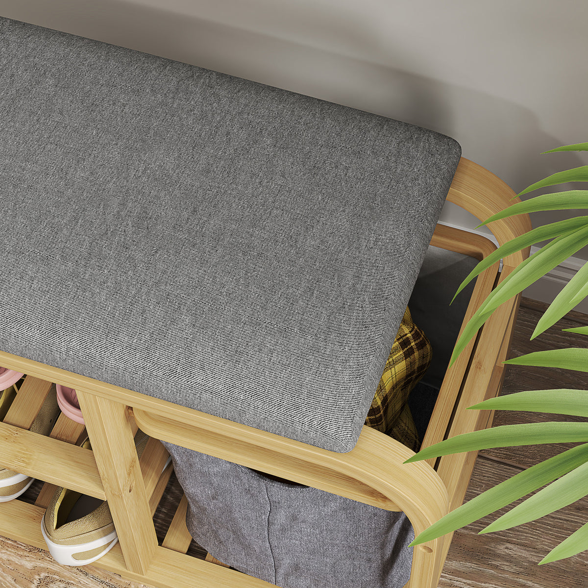Banc à chaussures avec coussin d'assise, 2 étagères à lattes et panier en tissu coulissant, 70x30x45cm, bois naturel-7