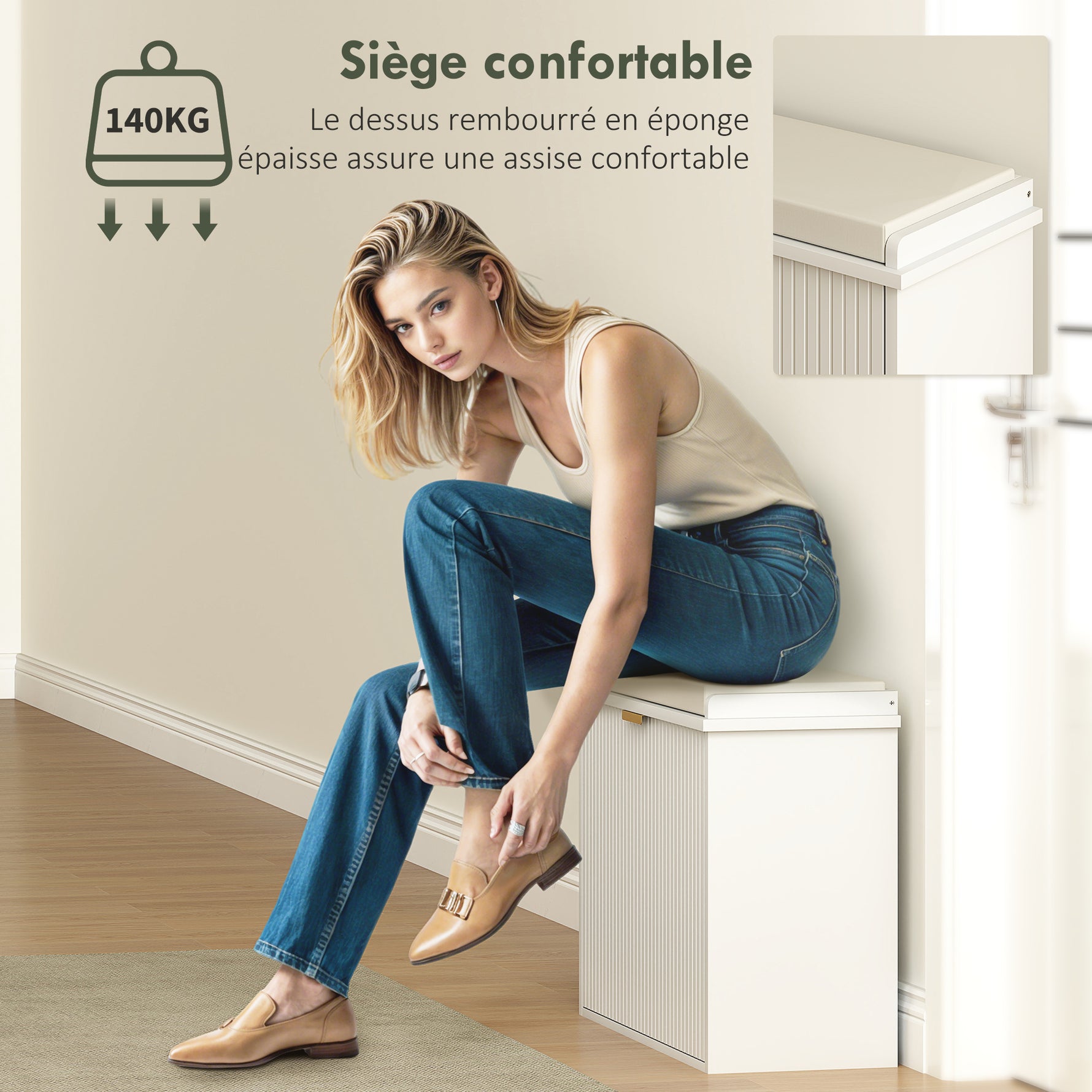 Banc à chaussures avec coussin d'assise rembourré et tiroir rabattable pour couloir, chambre, 62 x 26 x 47,5 cm, blanc