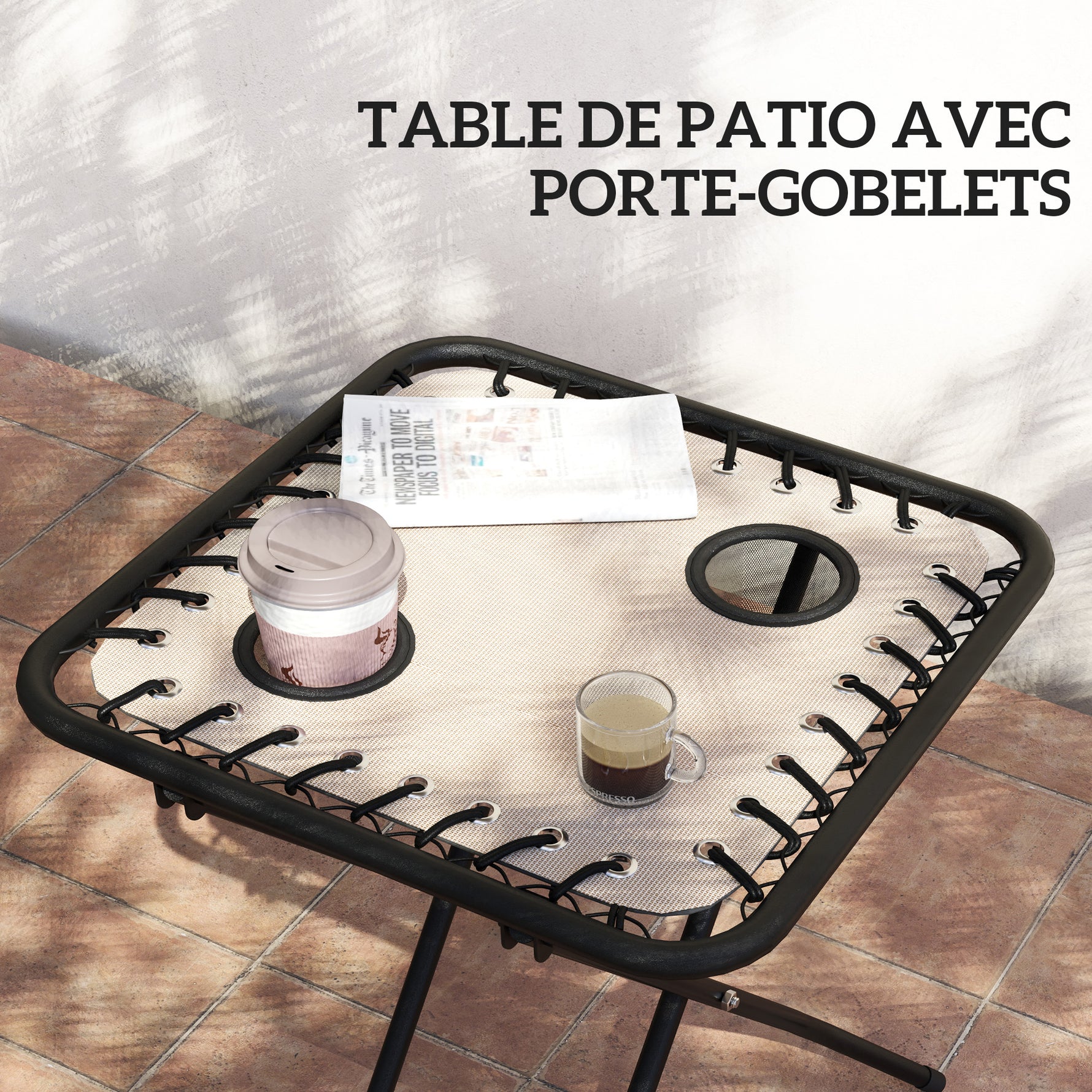 Lot de 2 chaise longue pliable et inclinable avec table d'appoint, porte-gobelets et appuie-têtes, charge 120 kg, beige