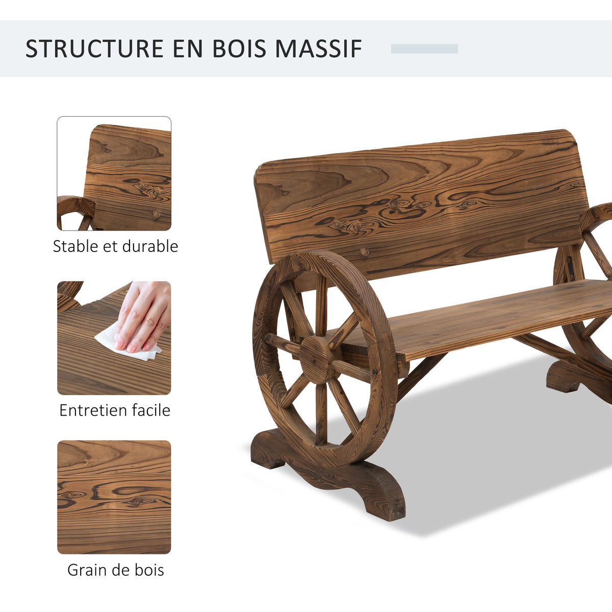 Banc de Jardin 3 Places Style Rustique Chic accoudoirs Roues de Charette Bois Sapin traité carbonisation