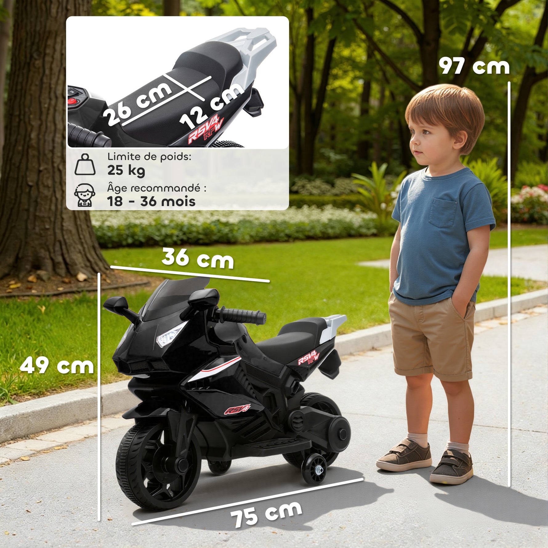 Moto électrique enfants, moto à batterie 6 V avec effets lumineux et sonores, roues d'entraînement, 75x36x49cm, noir