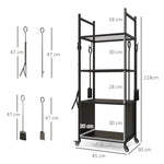 Chariot range bûches intérieur, porte-bûches roulettes, 4 outils de cheminée, 4 étagères, métal, 45 x 30 x 118 cm, noir