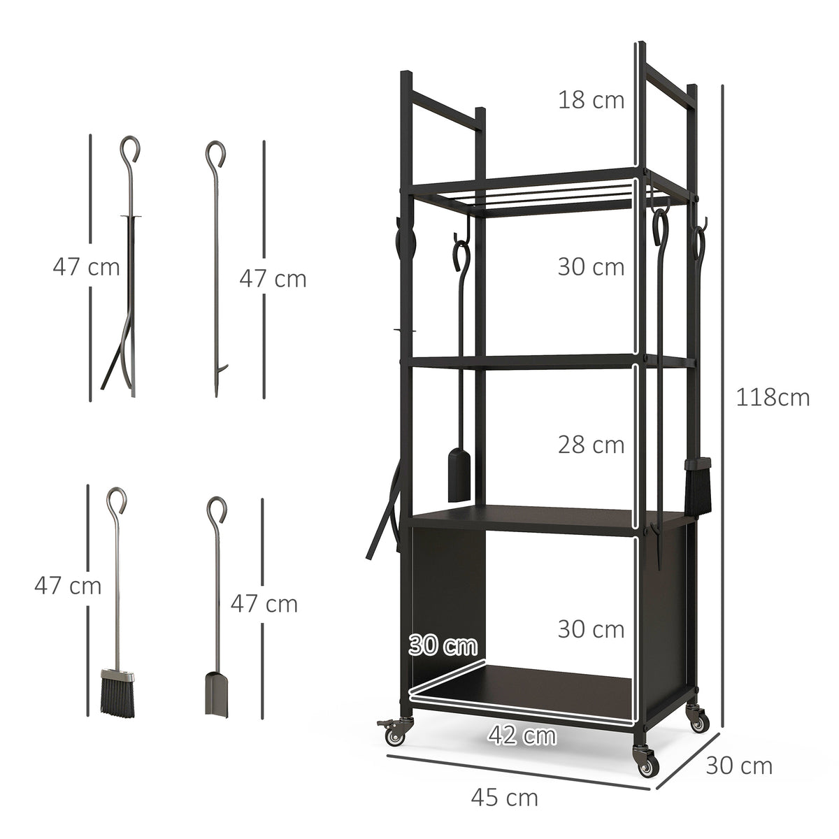 Chariot range bûches intérieur, porte-bûches roulettes, 4 outils de cheminée, 4 étagères, métal, 45 x 30 x 118 cm, noir