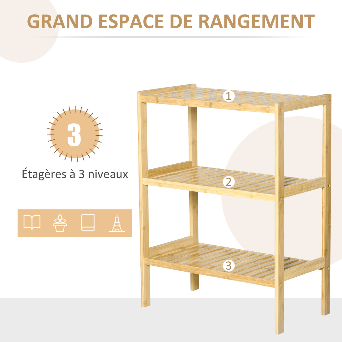 Étagère de rangement, étagère en bambou à 3 niveaux, bibliothèque pour salon, chambre et bureau, 62 x 33 x 80 cm