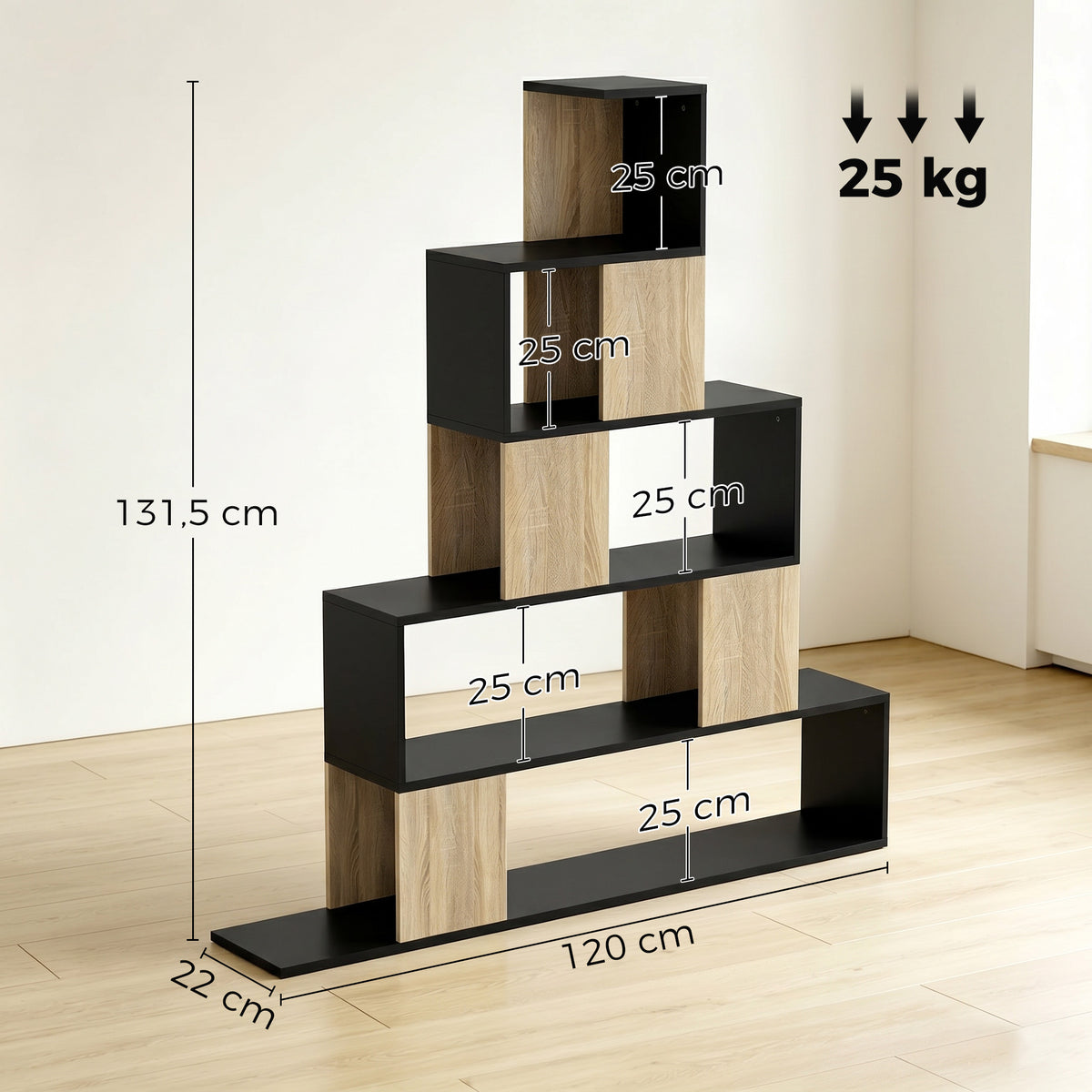 Étagère de rangement, bibliothèque géométrique à 5 niveaux, pour bureau, salon, chambre, noir et bois naturel
