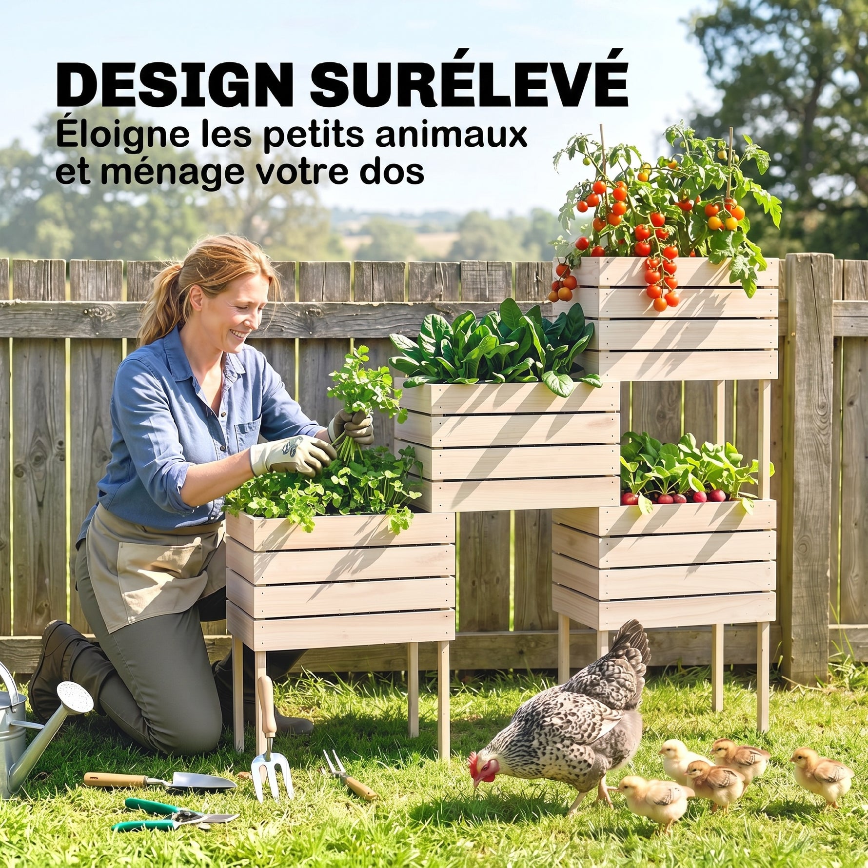 Jardinières sur Pieds carrés potagers - Lot de 4 jardinières sur Pied modulables - 50L x 30l x 60H cm