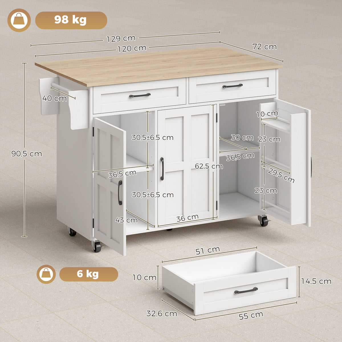 Îlot de cuisine avec plateau rabattable, chariot à roulettes 2 tiroirs, 3 portes, porte-racks et porte-serviettes, blanc