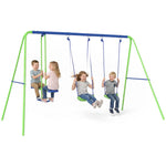 Balançoire portique pour enfant 3 en 1 avec 1 balançoire face à face et 2 sièges de balancelle, balançoire enfant extérieur cadre en A métal, hauteur réglable, charge 180kg, 3+ans, vert