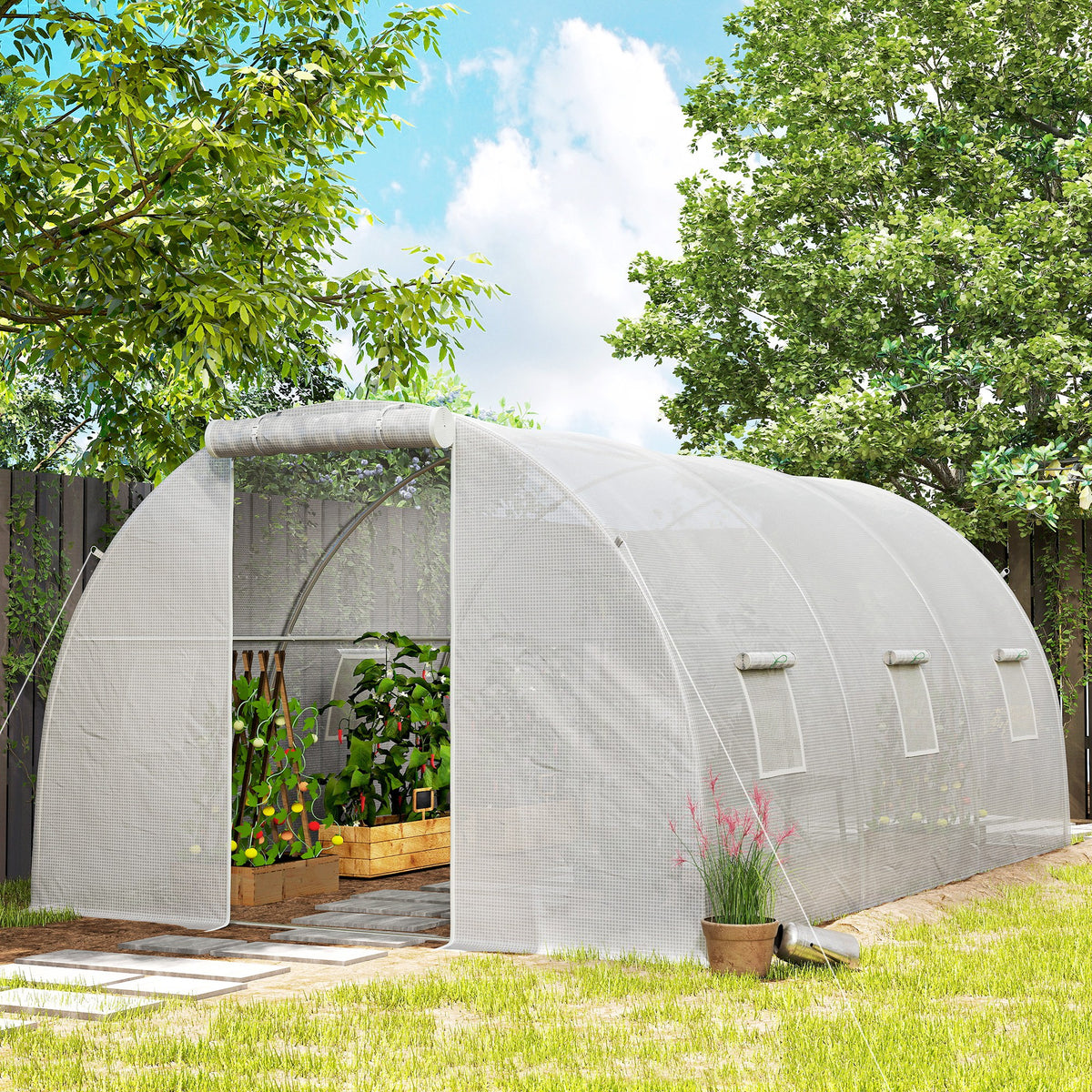 Serre de jardin tunnel 13,5 m² 6 fenêtres, porte zippée enroulable châssis acier galvanisé, bâche PE 4,5 x 3 x 2 m blanc