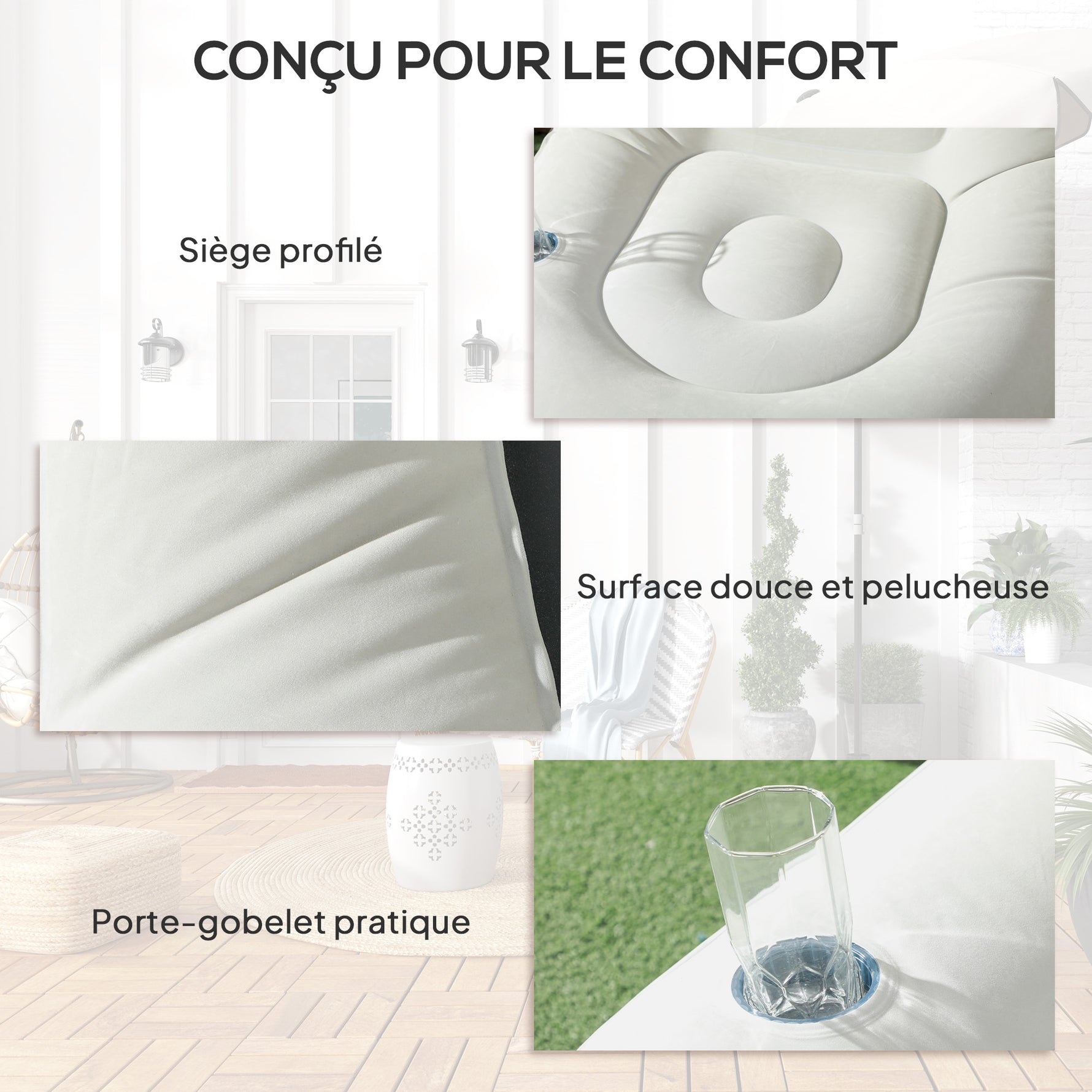 Canapé gonflable et repose-pieds, tissu aspect peluche doux et porte-gobelet, gris