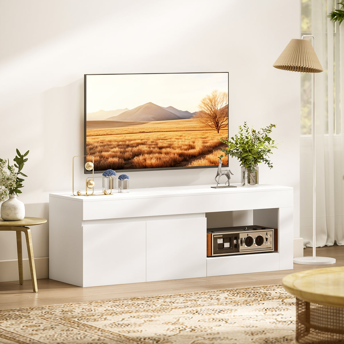 Meuble TV 2 portes pour téléviseurs jusqu'à 60 pouces, meuble télé avec placard et étagère ouverte, blanc