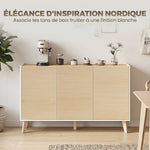 Buffet cuisine, meuble de rangement nordique, 3 portes à fermeture douce, 6 compartiments, bois naturel et blanc