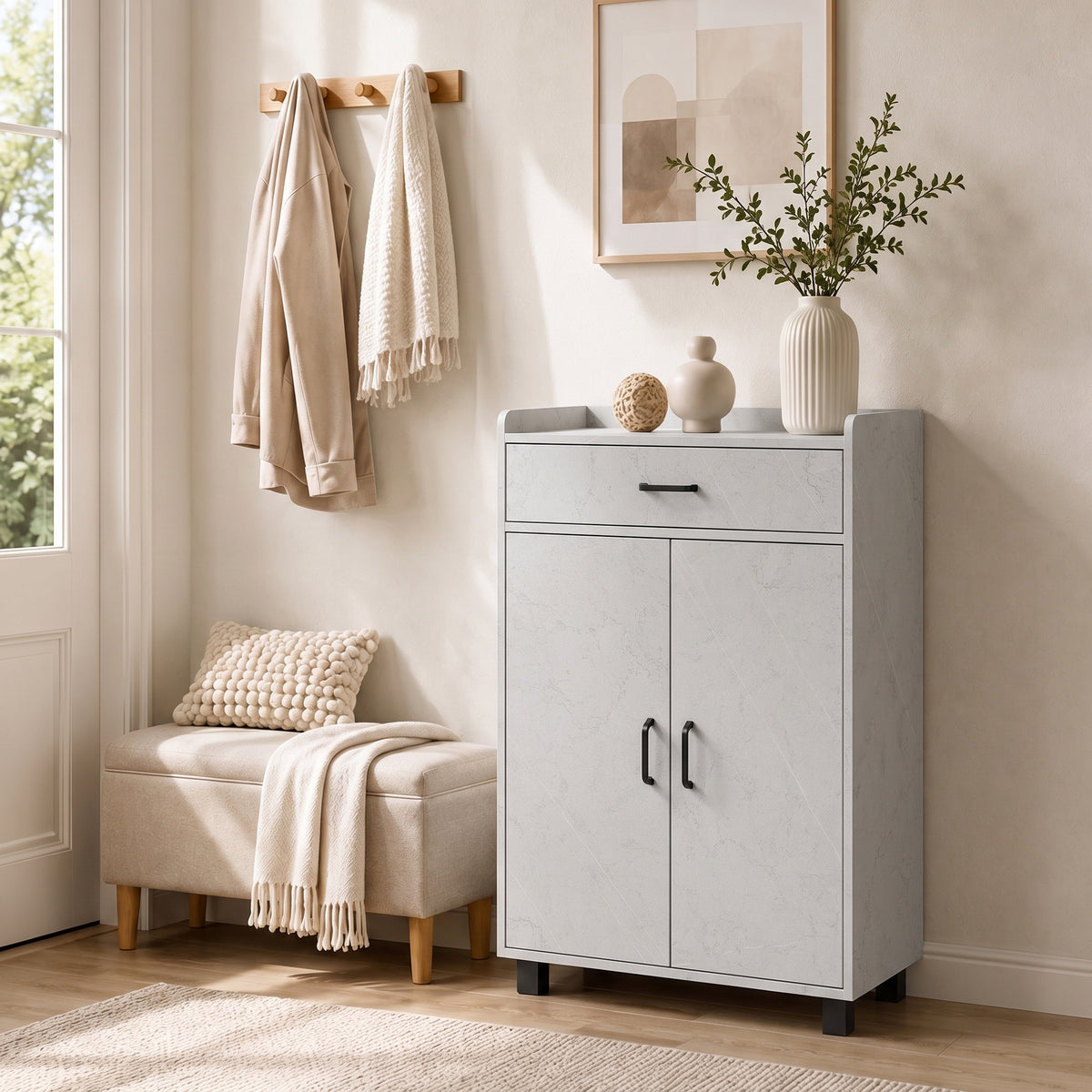 Meuble à Chaussures, Armoire à Chaussures avec 2 Portes, Tiroir, 5 Compartiments et Étagères Réglables, Gris