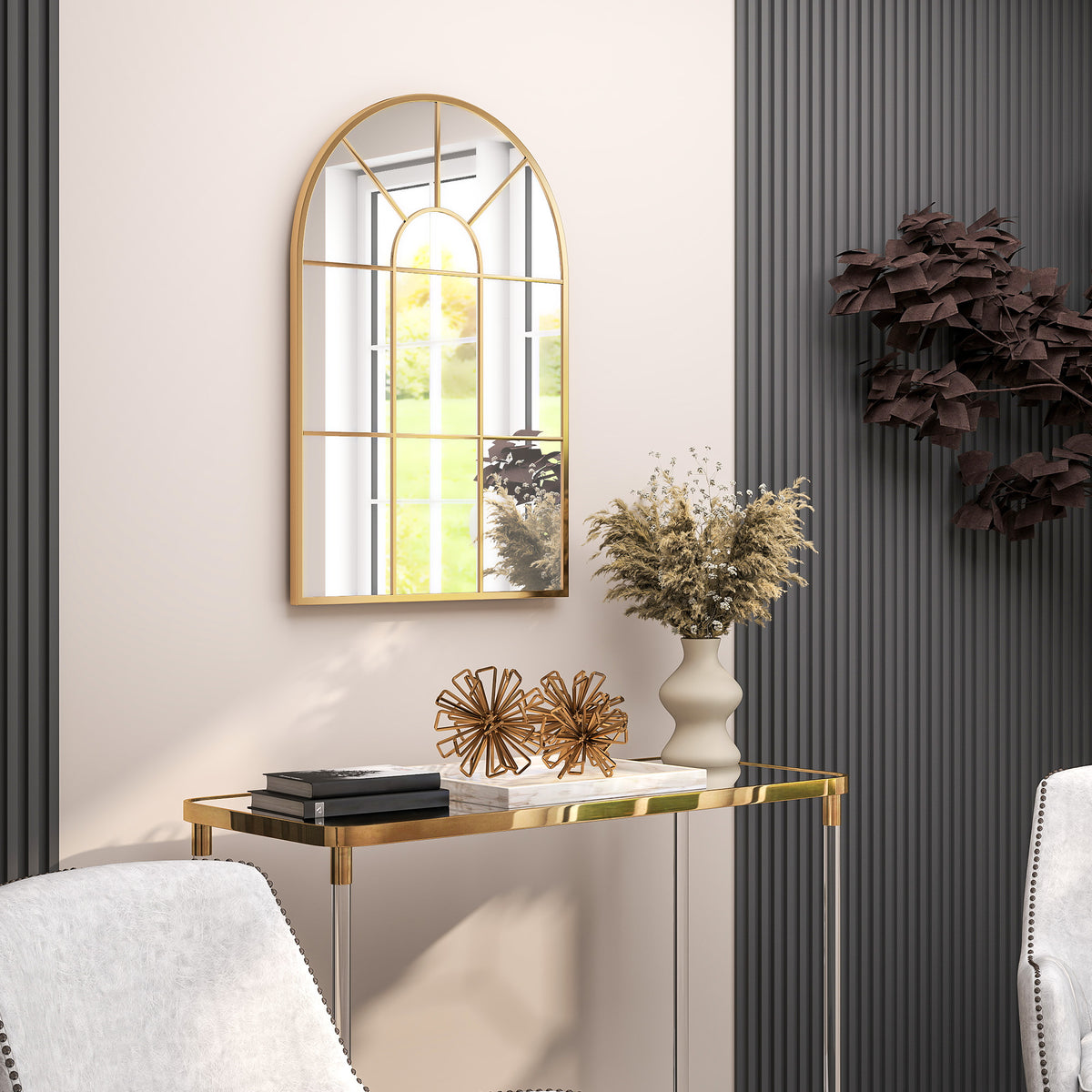 Miroir mural en métal cadre doré en forme de voûtée – 91 x 60 cm – décoration pour entrée ,chambre à coucher, salon