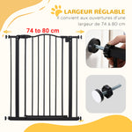 Barrière de sécurité pour chien extensible 74-80 cm fermeture automatique fixation par pression sans percer noir