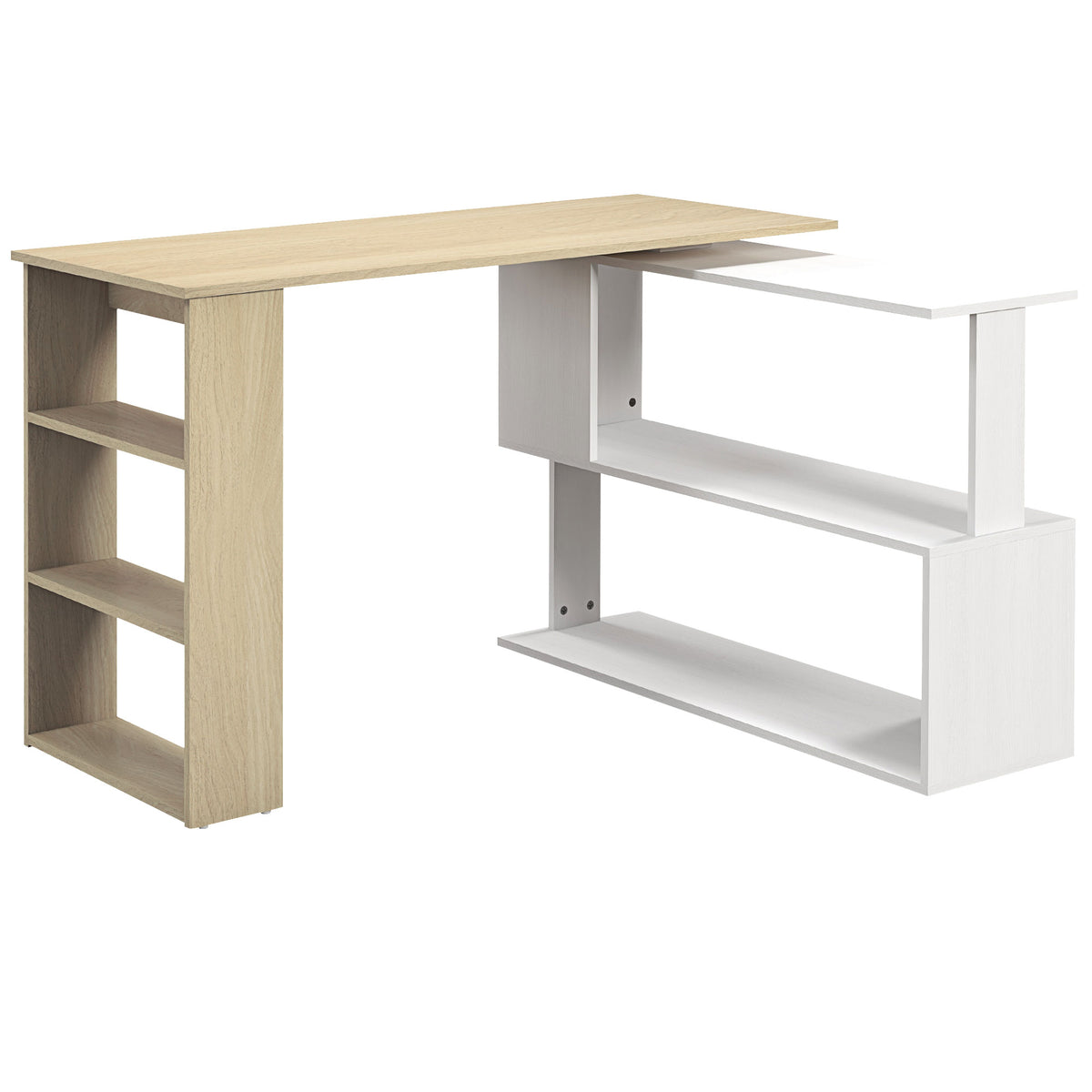 Bureau d'angle bureau informatique modulable bibliothèque intégrée + étagère 3 niveaux blanc et bois naturel