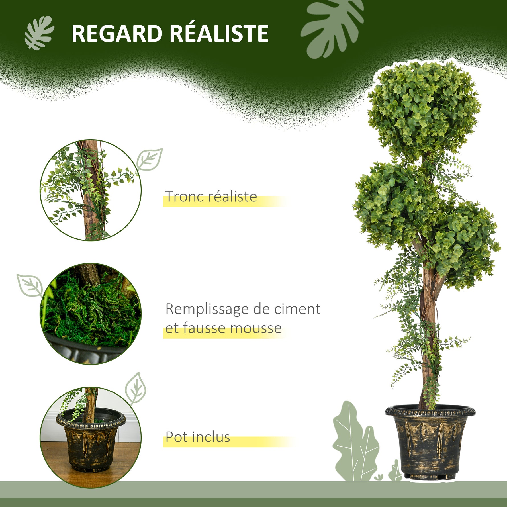 Plante artificielle arbre artificiel 3 boules de buis avec pot ciment, intérieur et extérieur, hauteur 115 cm